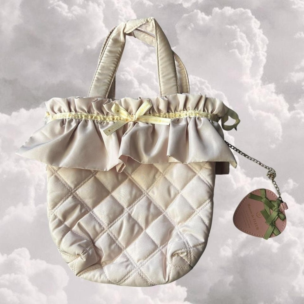 Jfashion Lolita Quilted and Ruffled Pink drawstring Purse with Strawberry Charm